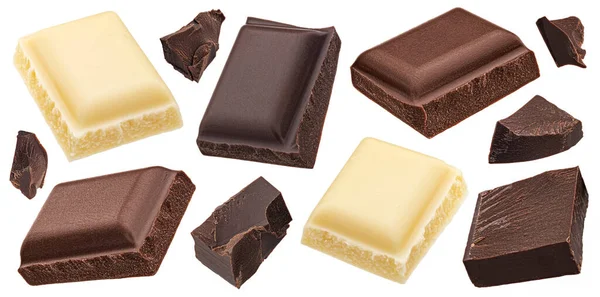 Coleção Peças Chocolate Isolado Fundo Branco Profundidade Total Campo — Fotografia de Stock