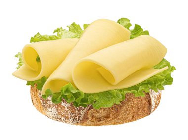 Ekmekte Gouda dilimleri, salata yapraklı peynirli sandviç beyaz arka planda izole edilmiş, geniş bir alan.