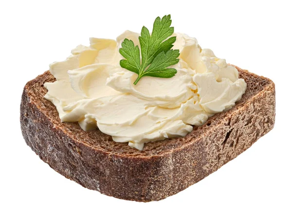 Fatia Pão Centeio Rústico Com Manteiga Caseira Folha Salsa Isolada — Fotografia de Stock