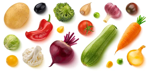 Grönsaker Isolerade Vit Bakgrund Platt Låg Ovanifrån Kreativ Layout Tomat — Stockfoto