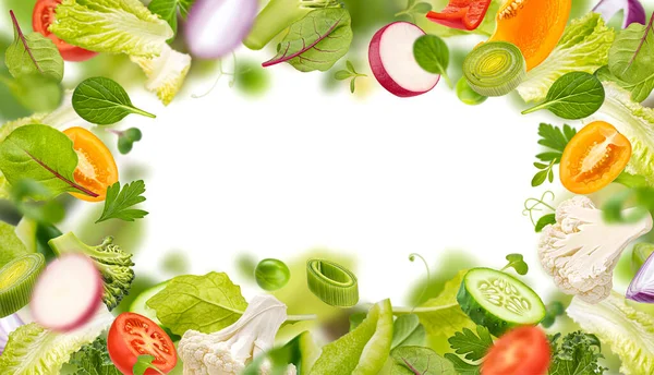 Zdrowe Składniki Żywności Rama Superjedzenie Spadające Liście Sałatki Plastry Warzyw — Zdjęcie stockowe