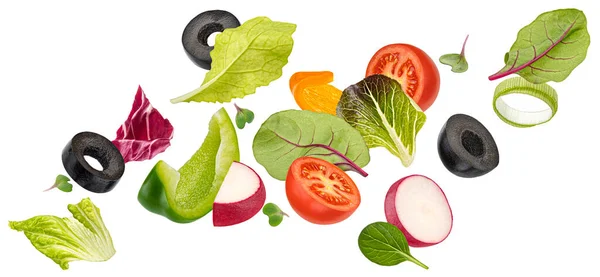 Fallande Grönsaker Färsk Sallad Paprika Tomat Och Salladsblad Hälsosamma Och — Stockfoto