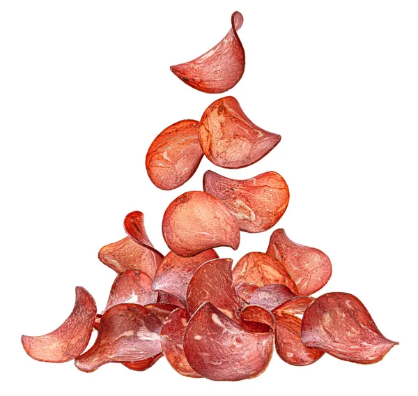 stock image Meat chips isolated on white background with clipping path, heap of dried ham slices 