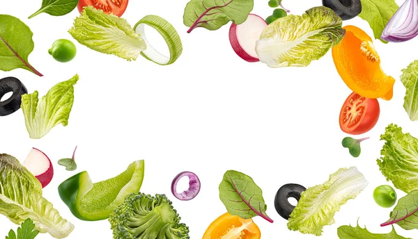 Свежие Листья Салата Смесь Нарезанных Овощей Рамка Здоровой Пищи Ингредиенты — стоковое фото