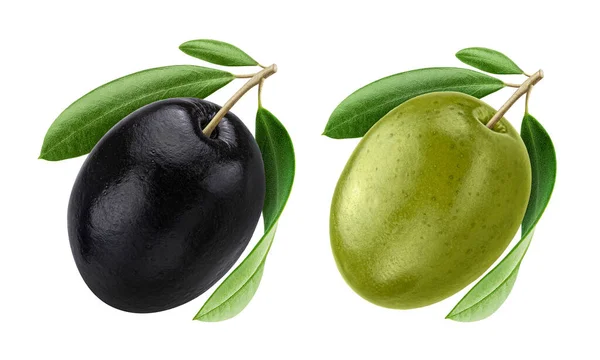 Schwarze Und Grüne Oliven Isoliert Auf Weißem Hintergrund Mit Schnittpfad — Stockfoto