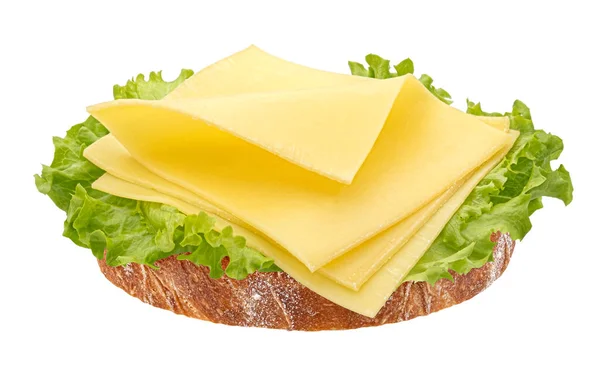 Sanduíche Queijo Pequeno Almoço Fatias Gouda Pedaço Pão Com Folhas — Fotografia de Stock