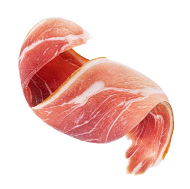 Pastırmalı sandviç, domuz eti dilimi beyaz arka planda kırpma yolu ile izole edilmiş.