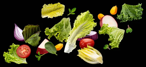 Verduras Caídas Ensalada Fresca Pimiento Hojas Tomate Lechuga Ingredientes Alimentarios —  Fotos de Stock