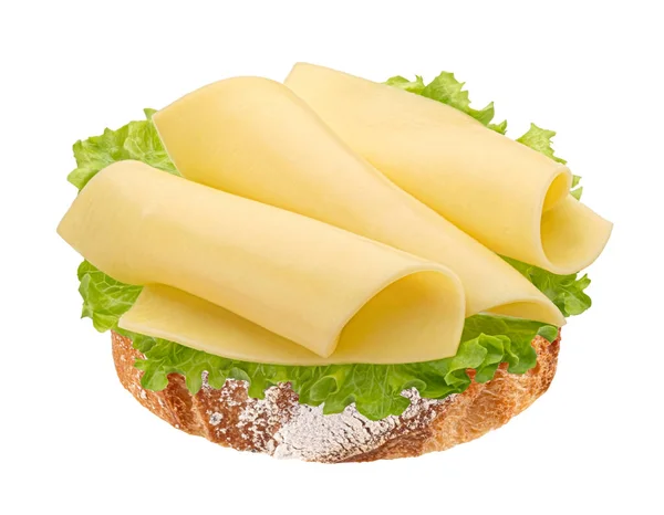 Sanduíche Queijo Pequeno Almoço Fatias Gouda Pedaço Pão Com Folhas — Fotografia de Stock