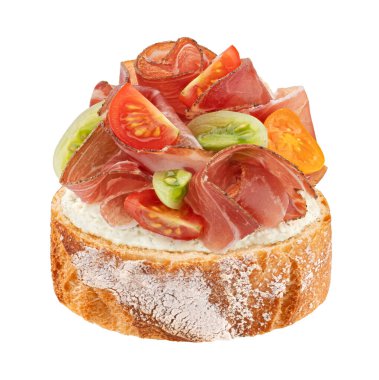 İtalyan jambonlu sandviç, İspanyol jamonu ekmek dilimi, Serrano jambonlu bruschetta beyaz arka planda izole edilmiş.