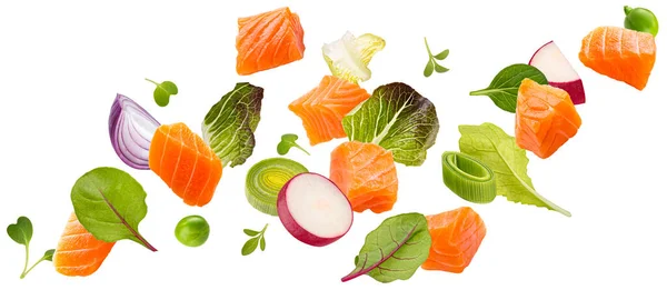 Falling Salmon Salad Ingredients Isolated White Background Clipping Path Package — Stock Photo, Image