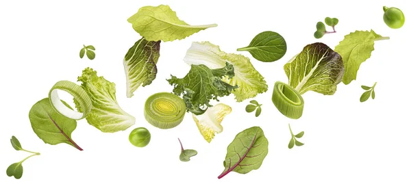 Fallende Salatblätter Isoliert Auf Weißem Hintergrund Mit Schnittpfad Mischung Aus — Stockfoto
