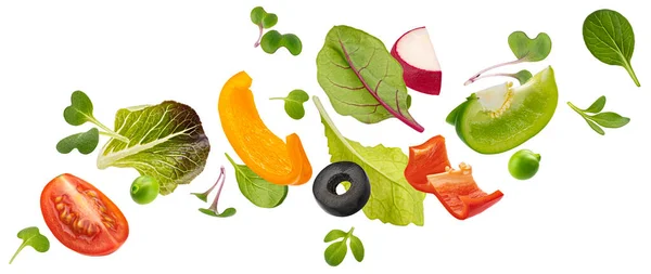 Свежие Овощи Листья Салата Оливки Здоровые Ингредиенты Детоксикации Белом Фоне — стоковое фото
