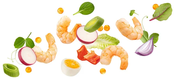 Rám Krevetový Salát Ingredience Izolované Bílém Pozadí Salát Zelený Mix — Stock fotografie