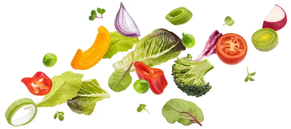 Падающие Овощи Свежий Салат Перцем Листья Помидоров Салата Здоровые Вегетарианские — стоковое фото