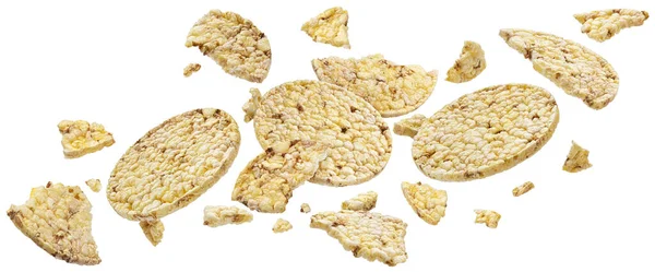 Padající Kukuřičné Sušenky Zlomená Loupaná Rýže Kukuřičné Koláče Izolované Bílém — Stock fotografie