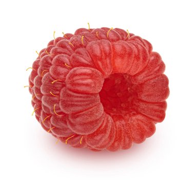 Beyaz arka planda izole edilmiş taze bir ahududu, geniş bir alan.