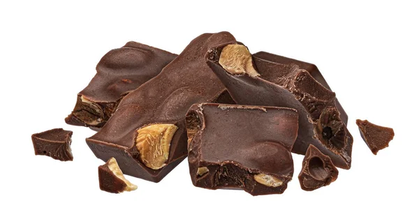 Dark Chocolate Chunks Almond Broken Chocolate Nuts Isolated White Background — Stock Photo, Image