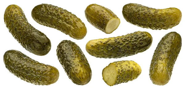 Gemarineerde Komkommers Gepekelde Augurken Geïsoleerd Witte Achtergrond Met Knippad Verzameling — Stockfoto