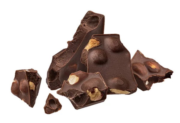 Dark Chocolate Chunks Hazelnut Broken Chocolate Nuts Isolated White Background — Stock Photo, Image