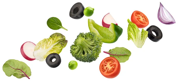 Verduras Caídas Ensalada Fresca Pimiento Hojas Tomate Lechuga Ingredientes Alimentarios —  Fotos de Stock