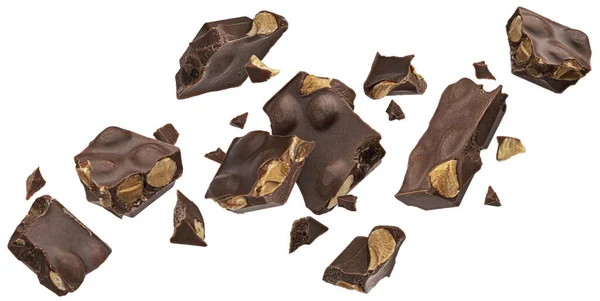 Dunkle Schokoladenstücke Mit Mandeln Gebrochene Schokolade Mit Nüssen Isoliert Auf — Stockfoto