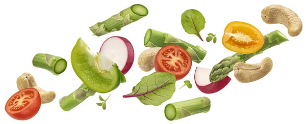 Egészséges Vegetáriánus Saláta Spárgával Kesudió Dióval Leeső Aprított Zöldségek Fehér — Stock Fotó