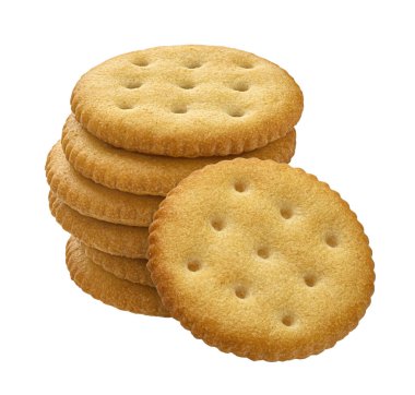 Beyaz arkaplanda izole edilmiş yuvarlak peynirli krakerler kırpma yolu, tam derinlik