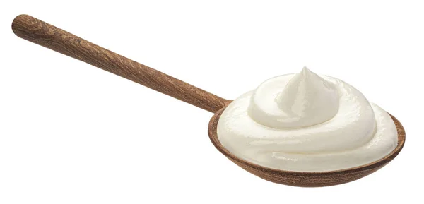 Crème Sure Dans Une Cuillère Bois Isolée Sur Fond Blanc — Photo