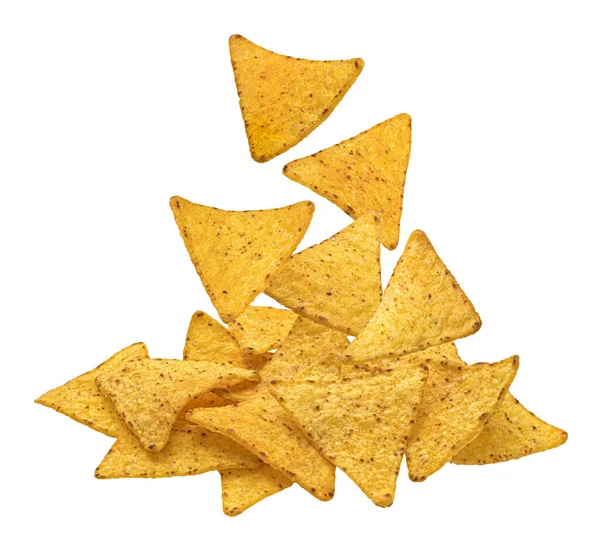 Kryddig Majs Chips Faller Varm Mexikanska Nachos Isolerad Vit Bakgrund — Stockfoto