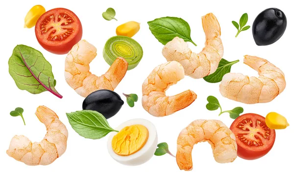 Salada Camarão Ingredientes Isolados Fundo Branco Com Mistura Alface Verde — Fotografia de Stock