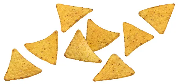 Fallende Würzige Mais Chips Heiße Mexikanische Nachos Isoliert Auf Weißem — Stockfoto