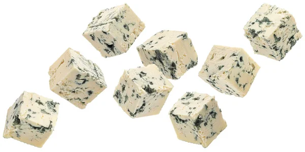 Falling Blue Cheese Cubes Isolated White Background Clipping Path Full — Stock Photo, Image