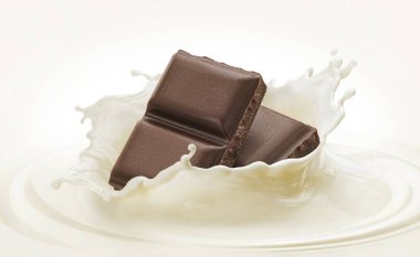 Süt içinde düşen çikolatalar beyaz arka planda sıçrama, ambalaj tasarımı konsepti