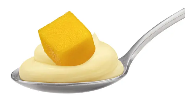Spoon Fruit Yogurt Mango Piece Isolated White Background Clipping Path — Stock Photo, Image