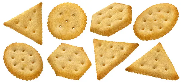 Mix Van Ronde Driehoekige Zeshoekige Crackers Geïsoleerd Witte Achtergrond — Stockfoto