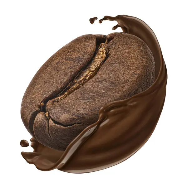 One Coffee Bean Falling Chocolate Splash Isolated White Background — Stock Photo, Image