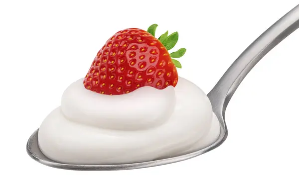 Erdbeerjoghurt Löffel Isoliert Auf Weißem Hintergrund Volle Schärfentiefe — Stockfoto