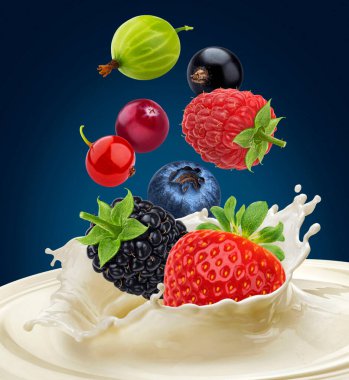 Düşen böğürtlenler süt ile kaplanmış koyu mavi arkaplan üzerinde kopya alanı