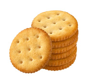 Beyaz arkaplanda izole edilmiş yuvarlak peynirli krakerler kırpma yolu, tam derinlik