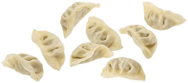 Düşen Çin Gyoza hamur tatlısı beyaz arka planda kırpma yolu ile izole edildi