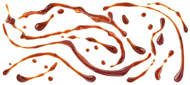 Teriyaki sosu beyaz arkaplanda kırpma yolu ile izole bir şekilde düşer ve sıçrar