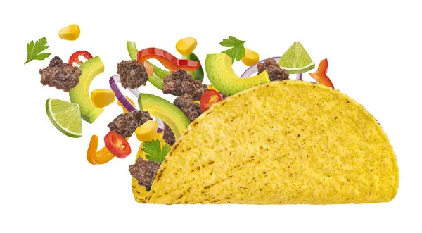 Mexikanska Taco Ingredienser Majs Tortilla Wrap Med Fallande Nötkött Kött Royaltyfria Stockbilder