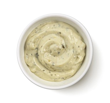 Beyaz arkaplanda izole edilmiş sarımsak sosu, üst görünüm