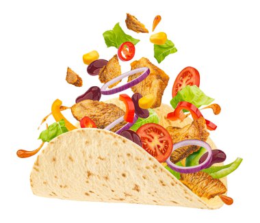 Doner kebap, düşen tavuk shawarma malzemeleri beyaz arka planda izole edilmiş, tam derinlik