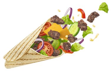 Doner kebabı, dökülen sığır eti shawarma malzemeleri beyaz arka planda izole, tam derinlik