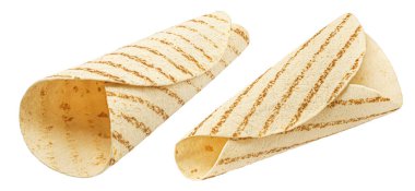 Boş tortilla, ince buğday ekmeği beyaz arka planda izole edilmiş kırpma yolu, tam derinlik