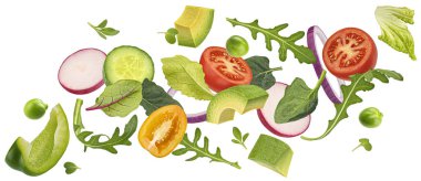 Sebze salatası karışımı izole, düşen roka, marul, ıspanak yaprakları, beyaz arka planda izole edilmiş kesilmiş sebzeler.