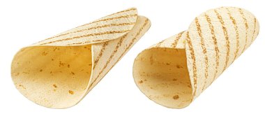 Boş tortilla, ince buğday ekmeği beyaz arka planda izole edilmiş kırpma yolu, tam derinlik