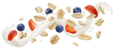 Yaban mersini ve çilek dilimli düşen yulaf ezmesi, beyaz arka planda izole edilmiş süt sıçramalı yulaf ezmesi kırpma yolu, paket tasarımı konsepti